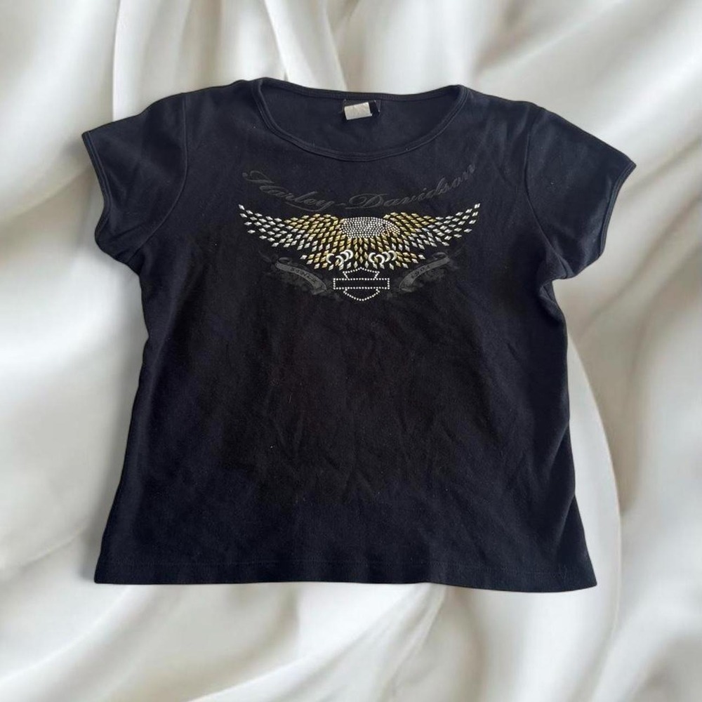 Y2K vintage Harley Davidson rhinestone eagle short sleeve top‎ grunge graphic